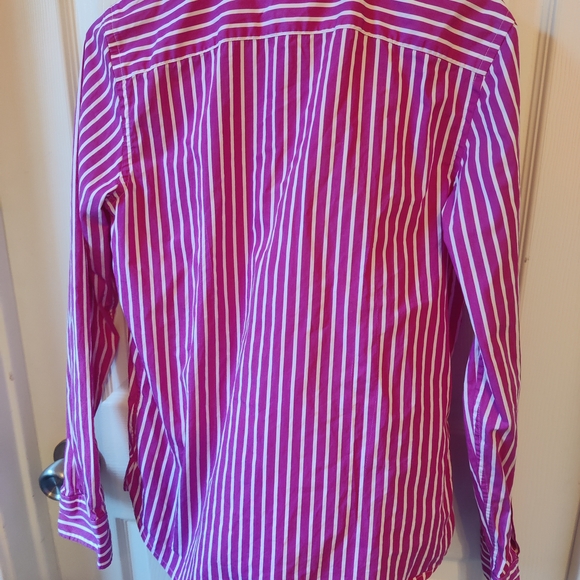 Size 6 Ralph Lauren Women's Fuchsia and White Striped Shirt - Picture 3 of 4